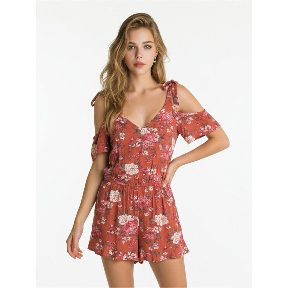 AMERICAN EAGLE | Floral Cold Shoulder Romper Ties Orange NEW Women’s Size Small